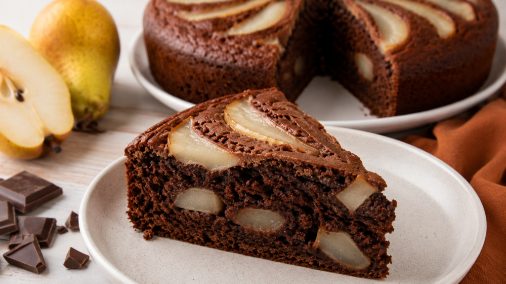 Peras maduras e chocolate usados na receita de Bolo de Chocolate com Pera