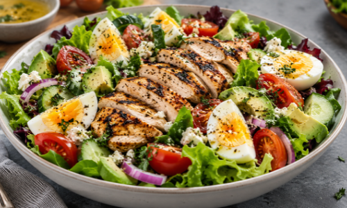 Salada proteica com frango e ovos: receita prática e saborosa para variar o cardápio